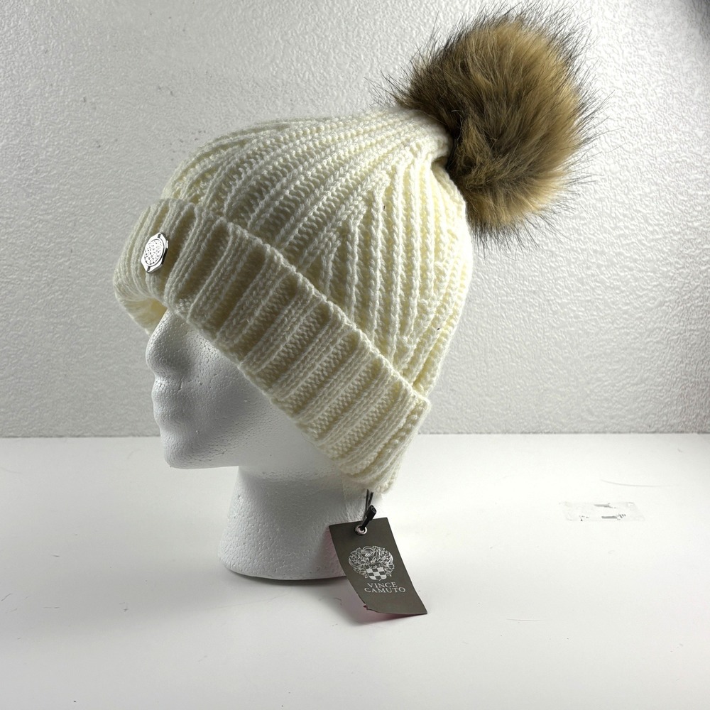 NWT Vince Camuto Beanie Women O/S Ivory Faux Fur Pom Pom Ribbed Knit Logo Hat